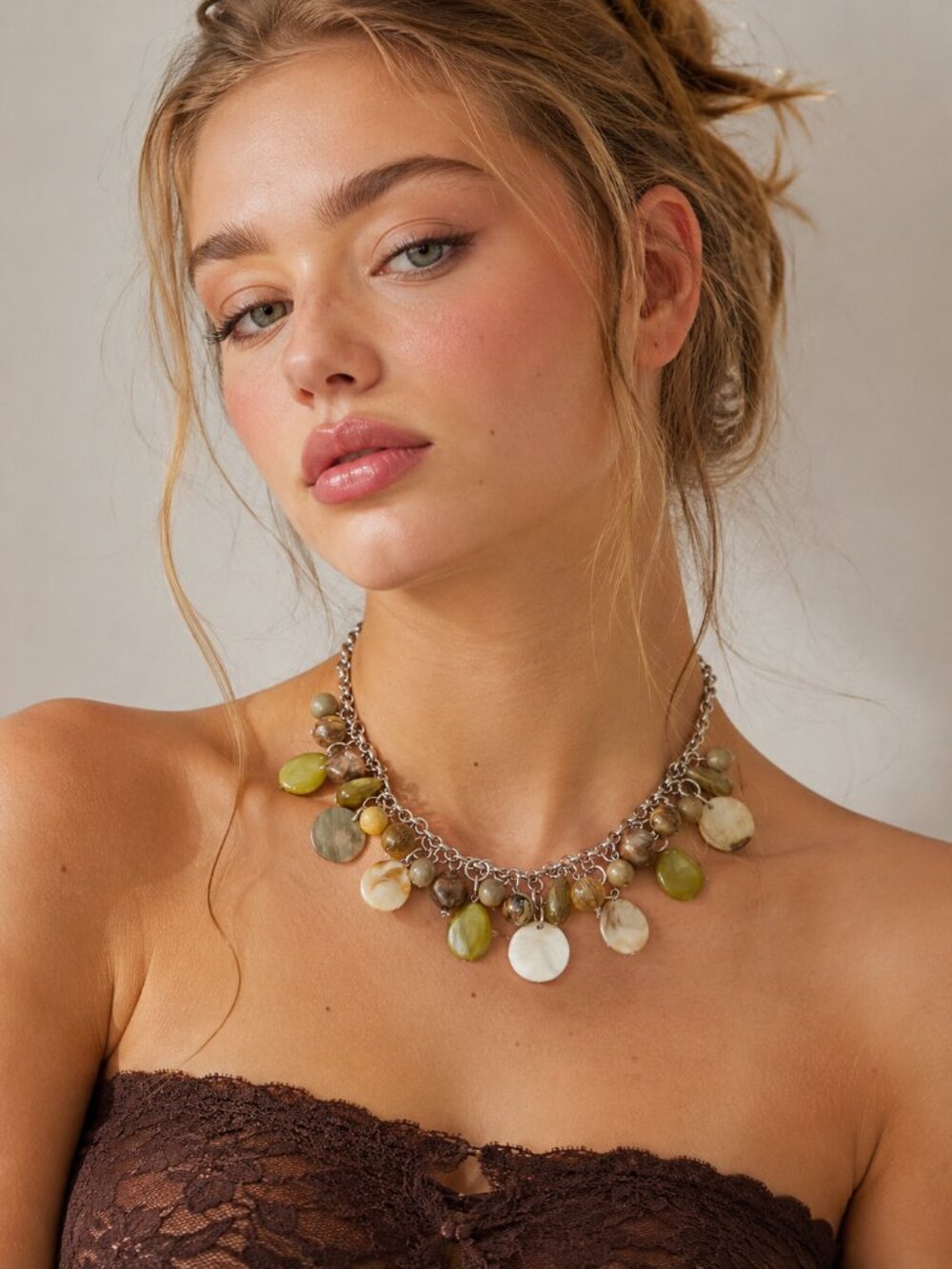 Vintage Olive Green Shell Bead Charm Silver Tone Boho Coastal Statement Necklace